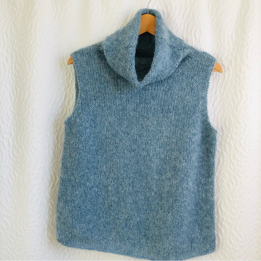 Margaret O'Leary Light Blue Mohair Wool Blend Knit Cowl Neck Sleevless Sweater